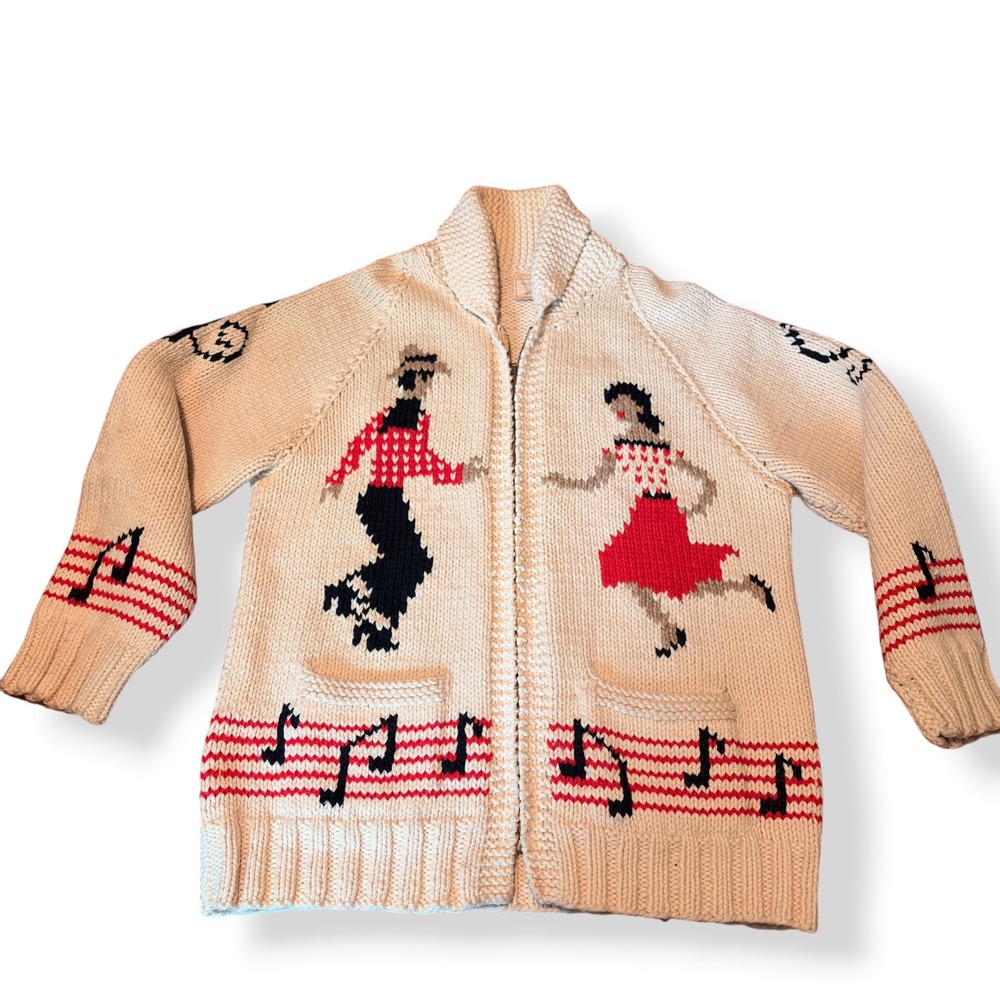Vintage Cowichan Cardigan Sweater 50s 60s Music Notes Dancing Couple Cream Red L - Picture 3 of 13